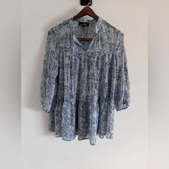 Suzanne Betro Tops - Suzanne Betro Size Small Boho Babydoll Tunic Top Blouse Blue Sheer Floral